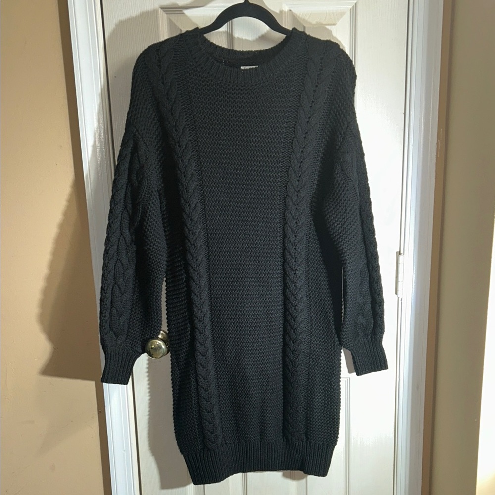 Black Cable Knit Mini Sweater Dress